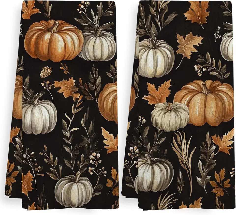 Vintage Fall Pumpkin Kitchen Towels and Dishcloths Sets of 2, Fall Autumn Thanksgiving Pumpkin Decor Dish Hand Tea Towels for Bathroom Kitchen, Dark Cottagecore Harvest Room Decor, 16x24 Inch