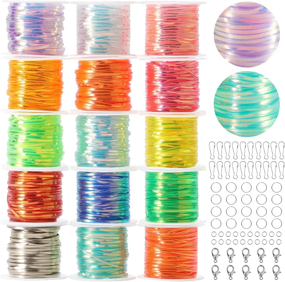 KAMJUNTAR Laser Reflective Lanyard String Kit, 15 Rolls Gimp Cord Lacing Kit for Friendship Bracelets, Jewelry Making, Boondoggle, Rexlace