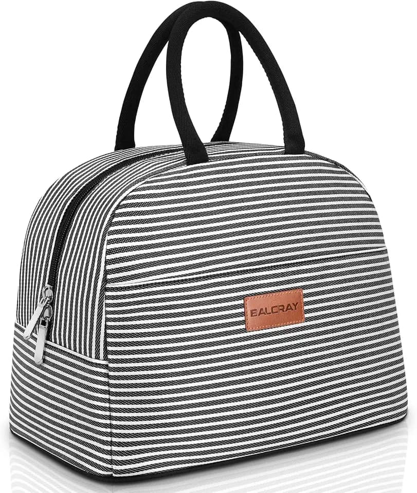 BALORAY Lunch Bag for Women Men Adult Lunch Box (Black white stripes), L