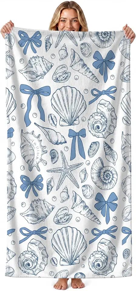 Blue Coastal Seashell Beach Towel, Bow Starfish Shell Ocean Beach Towels Gifts for Women Girls, Coastal Quick Dry Travel Sand Free Towel Decor for Bathroom Swimming Pool Beach, 30x60in