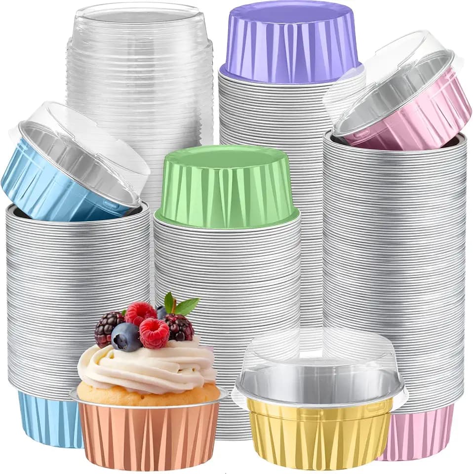 200 Pack Aluminum Cupcake Liners with Lids,Macaron,Plain