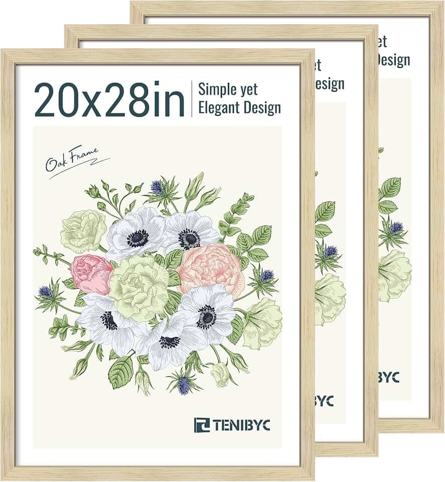 20x28 Picture Frame, Oak Wood, 3 Pack, Wall Hanging for Poster