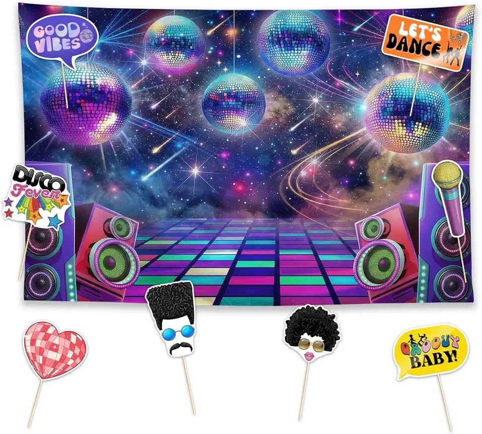Allenjoy Disc Retro Glow Party Decorations Set - 9 Piece Kit with 59"x35" Backdrop, 8 Photo Booth Props, Supplies, Favors for Men Women Boyfriend Girlfriend Husband Wife Decor