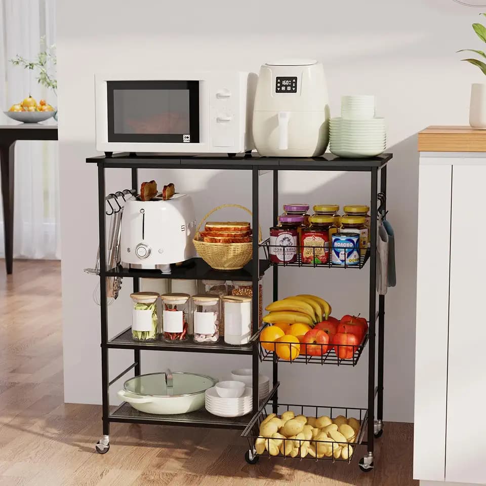HapiRm Rolling Kitchen Microwave Cart - 4 Tier Microwave Table Stand with Pull-Out Baskets, Coffee Bar Baker's Rack with Wheels Rolling Storage Cart Organizer Shelf for Living Room Office, Balcony