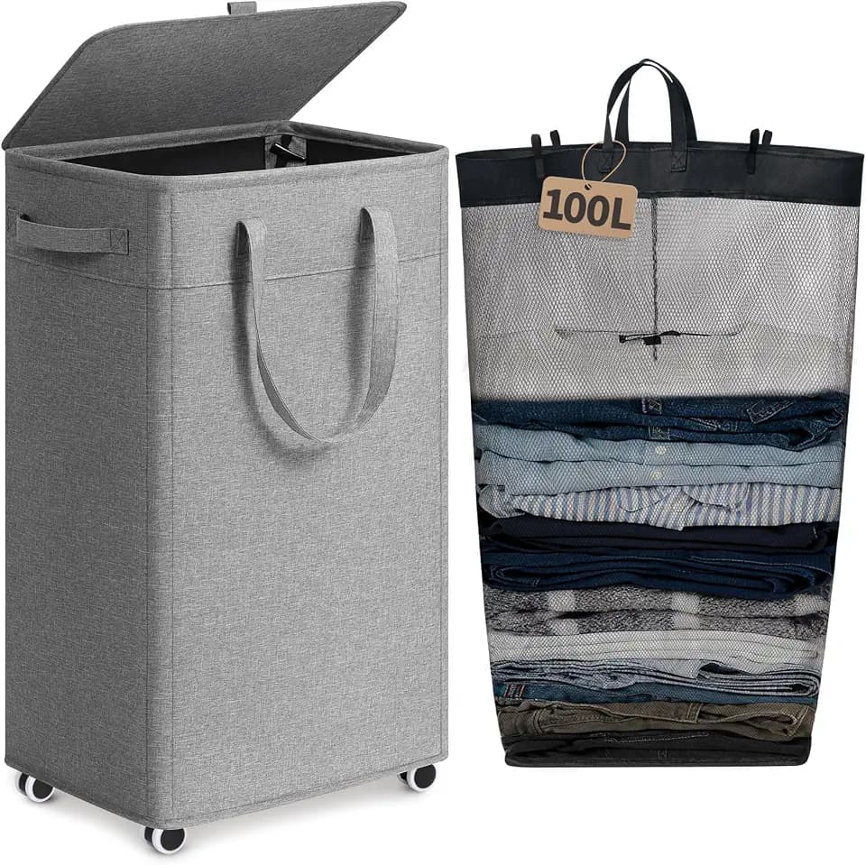 Goodpick 100L Large Rolling Laundry Basket with Wheels and Lid, Gray