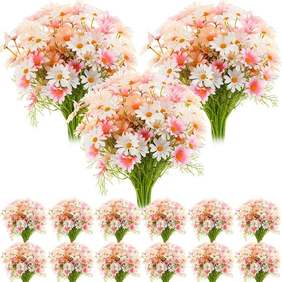 Giegxin 100 Pcs Artificial Daisy Flowers Bulk Realistic Fake Daisies Faux Wildflower Daisy UV Resistant Silk Fake Flowers Plants for Outside Wedding Garden Home Table Decor (White,Pink,Champagne)
