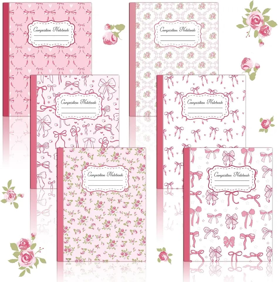 6 Pack Pink Bow Composition Notebooks, Preppy Cute Coquette Notebook,9-3/4 x 7-1/2" Aesthetic College Ruled Journal Back to School Teacher Gifts First Day of School Favors, 110 Pages