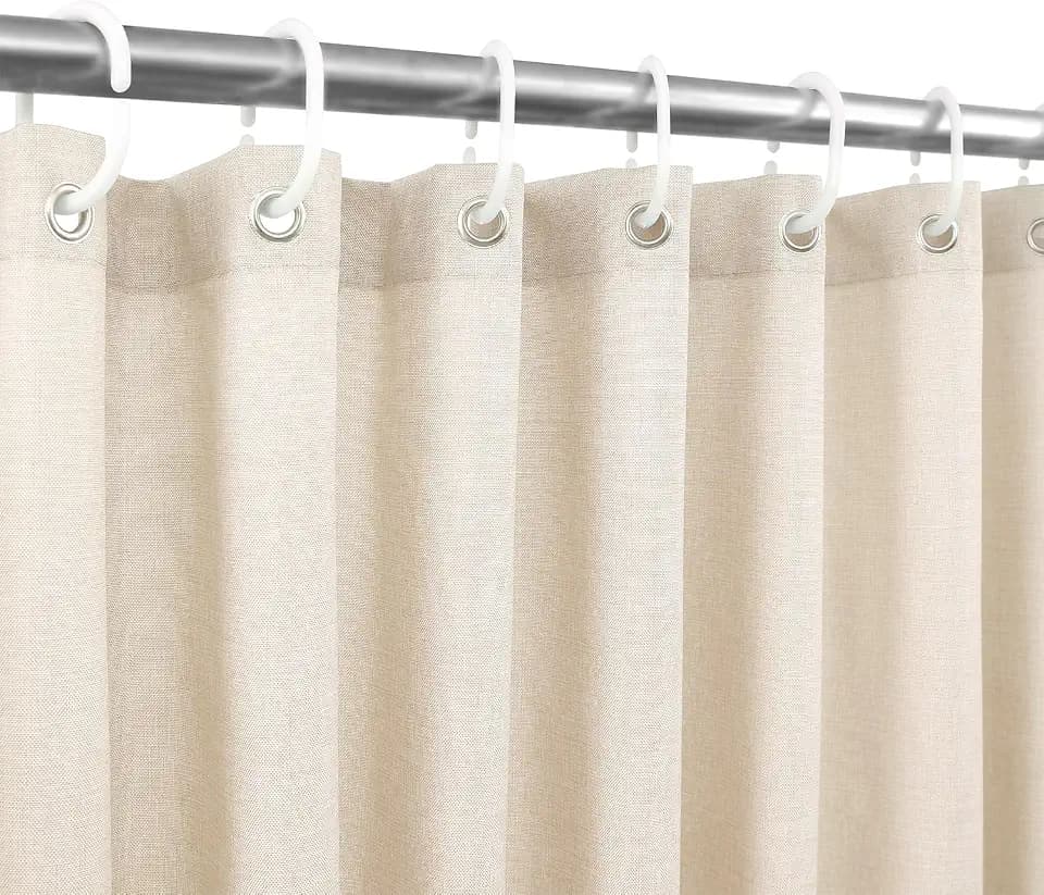 Ga-Geetopia Extra Long Linen Textured Shower Curtain Set with Hooks, Beige Boho Farmhouse Bath Shower Curtains for Bathroom Neutral Cloth, Hotel Luxury, Weighted, 72W x 96L, Cream
