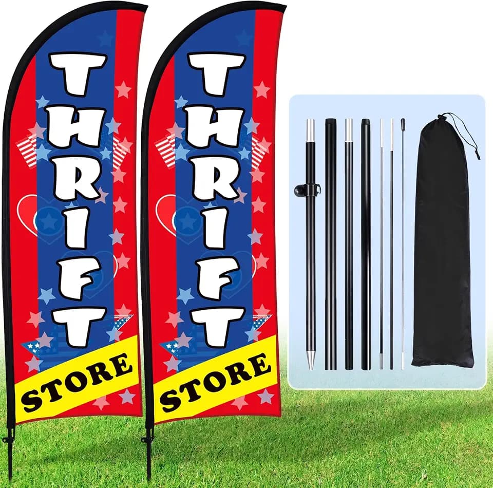Buryeah 2 Sets Thrift Store Feather Flag with Pole Kit and Ground Stake 8ft Advertising Sign Banner Swooper Flag with Ground Stake and Portable Bag for Business Outside Event
