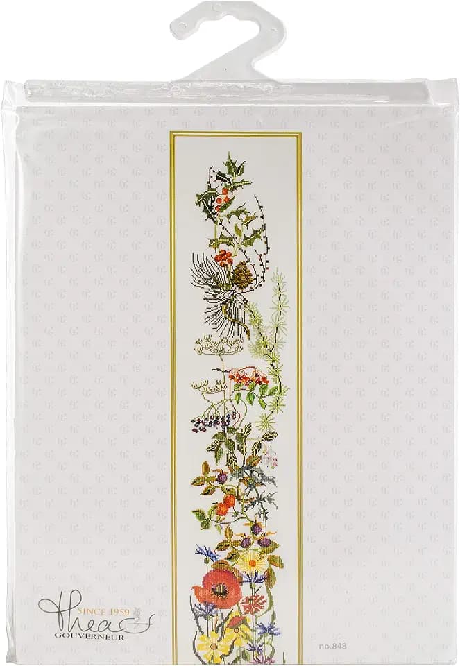Thea Gouverneur - Counted Cross Stitch Kit - Seasons Bell Pull - Aida - 16 Count - Embroidery Kit for Adults - DMC Embroidery Threads and Other Cross Stitch Supplies Included - 848A