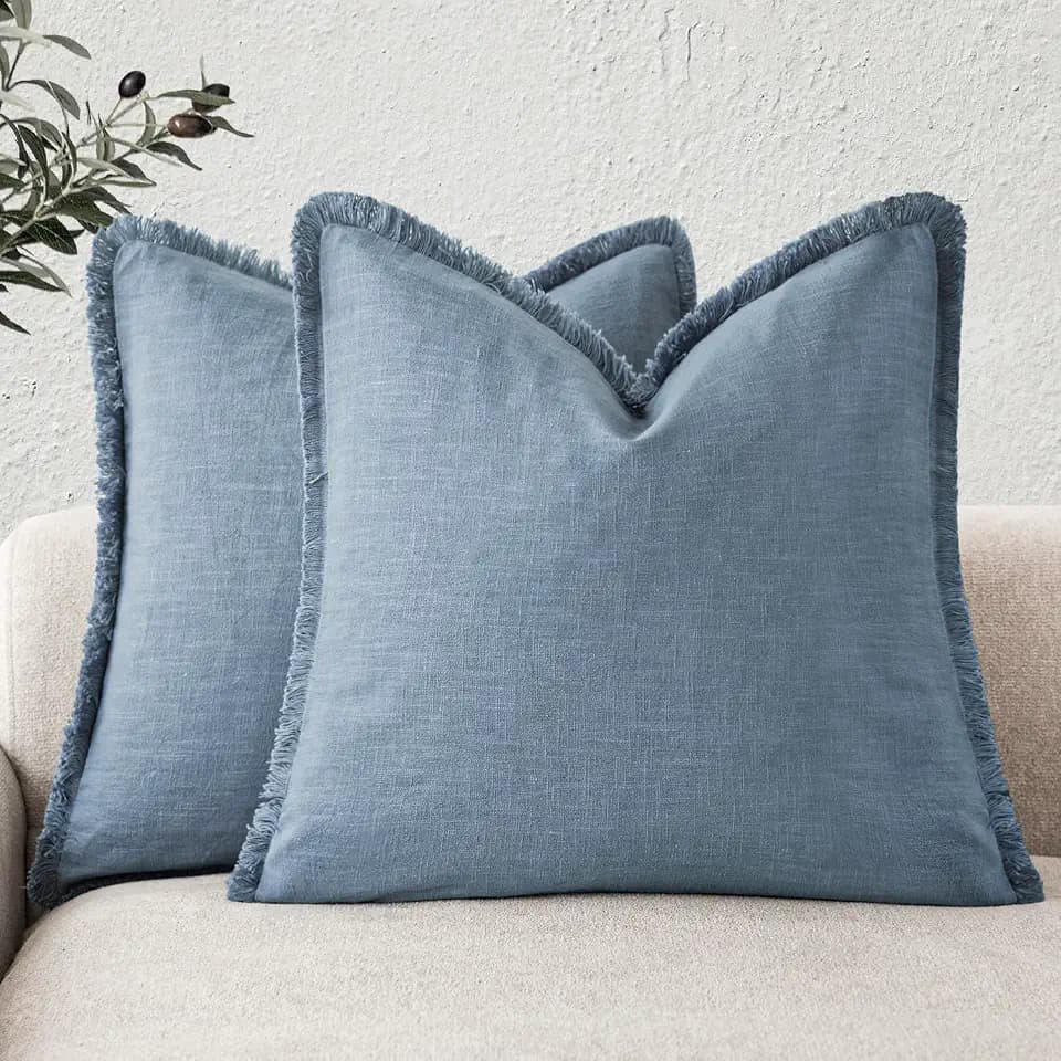 Foindtower Decorative Linen Fringe Throw Pillow Covers 16×16 Misty Blue