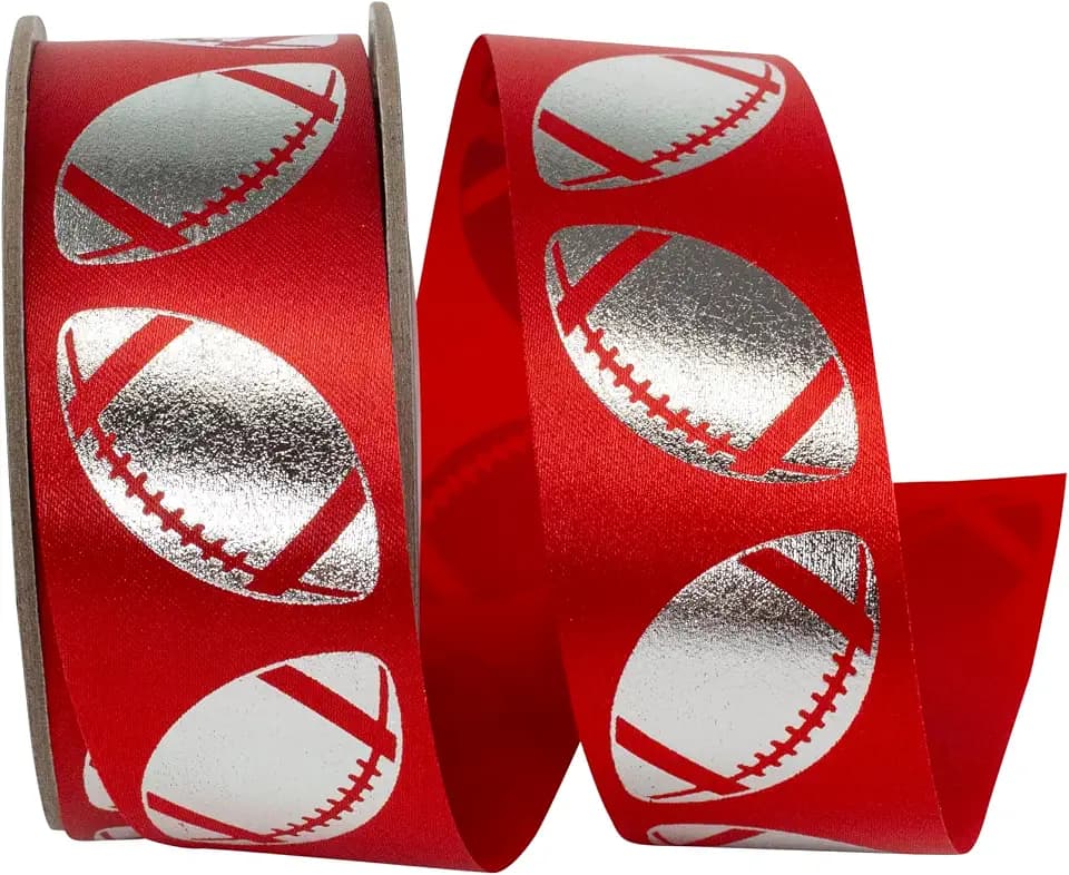 Reliant Ribbon Homecoming Metallic Footballs Cooler Ribbon, Red/Silver, 1-3/8 Inch, 25 Yards