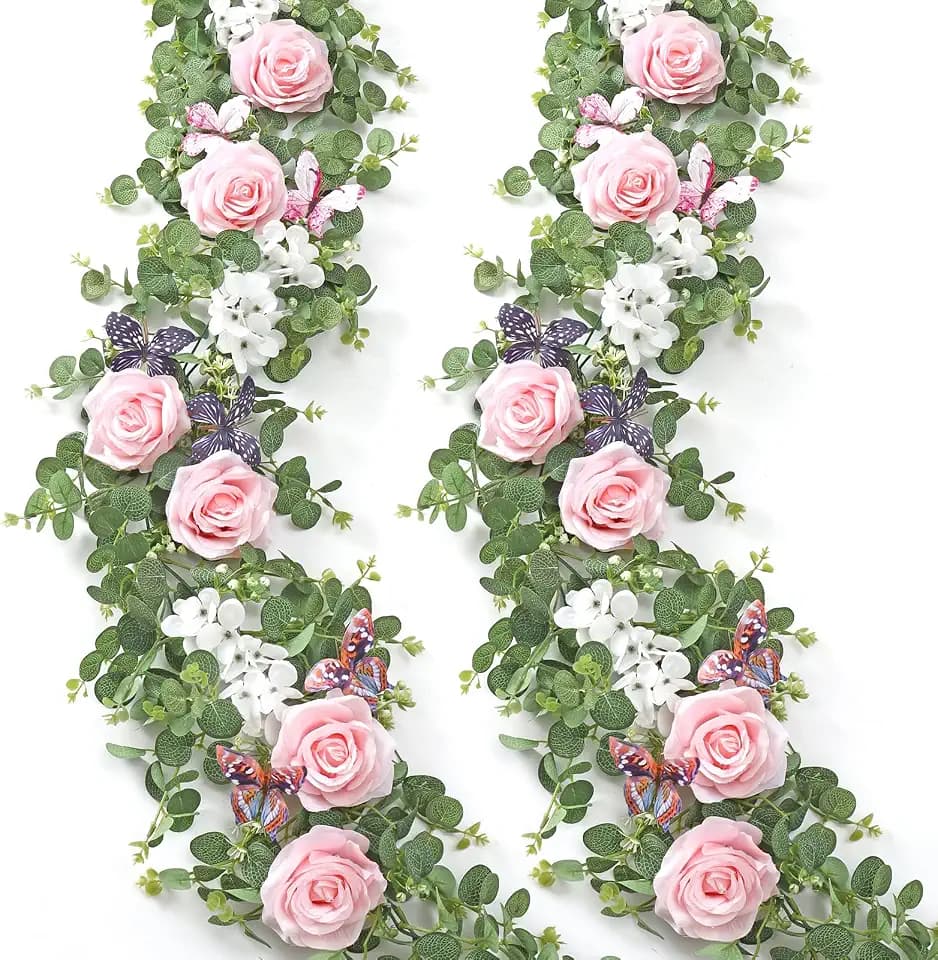 TOCHGREEN 2Pack Artificial Fake Flower Garland Pink Rose Eucalyptus Garland