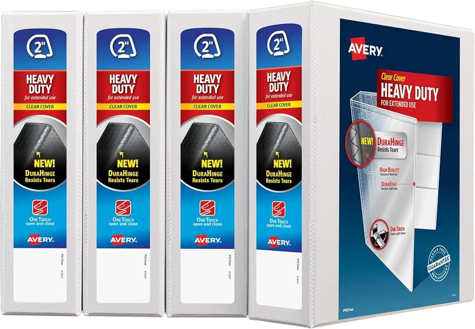 Avery Heavy-Duty View 3 Ring Binder, 2" One Touch Slant Rings, Holds 8.5" x 11" Paper, 4 White Binders (79790)