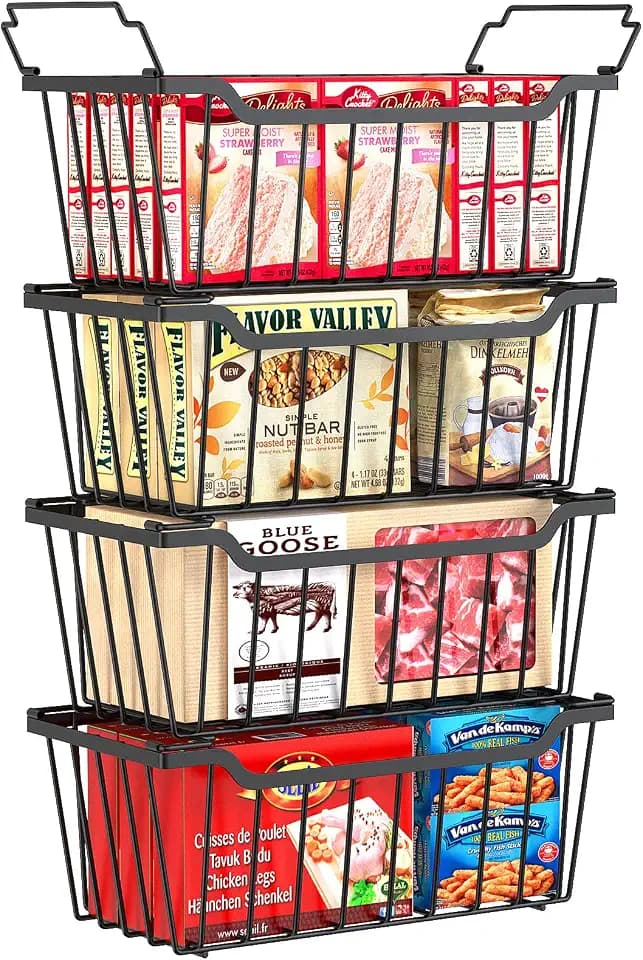 SUNALLY Freezer Organizer Bins, 4 Pack Stackable Pantry Storage Bins, Black