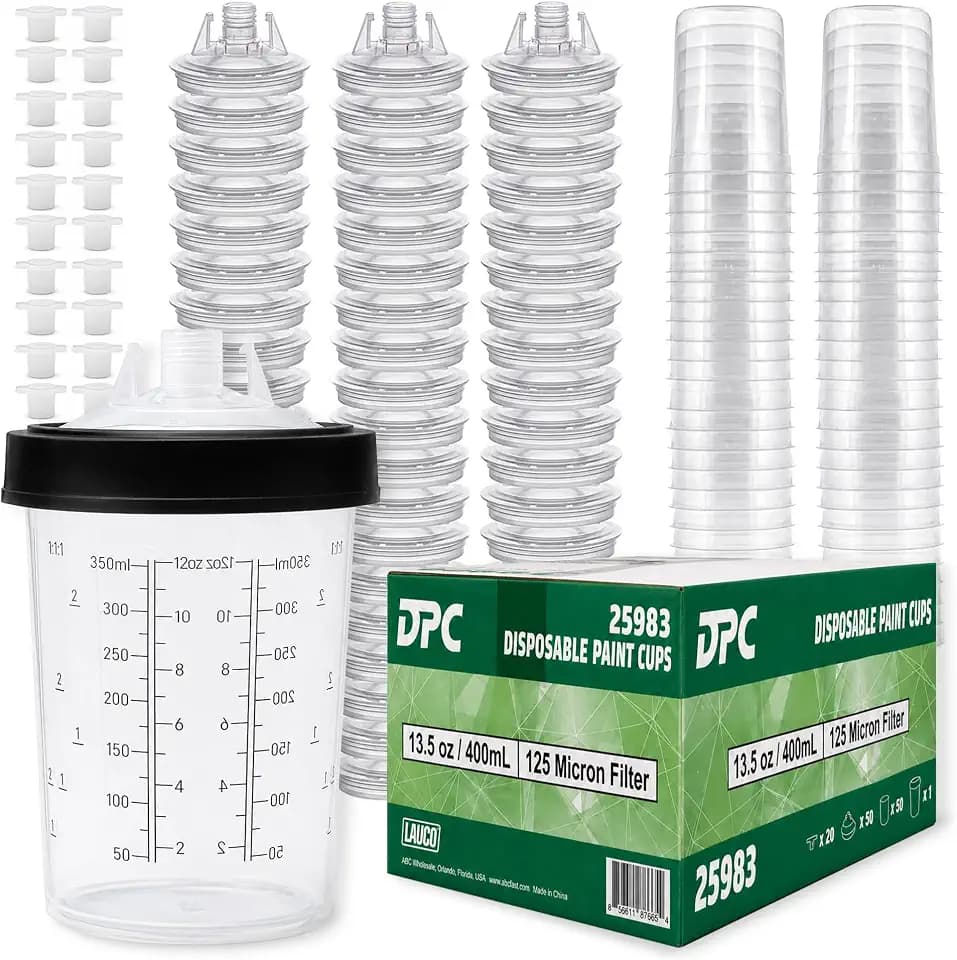 LAUCO Disposable Spray Gun Paint Cups Kit – 50 Pack Liners & Lids with 125 Micron Strainer, Hard Cup, Retainer Ring & Plugs (400ml/13.5oz Kit) 25983