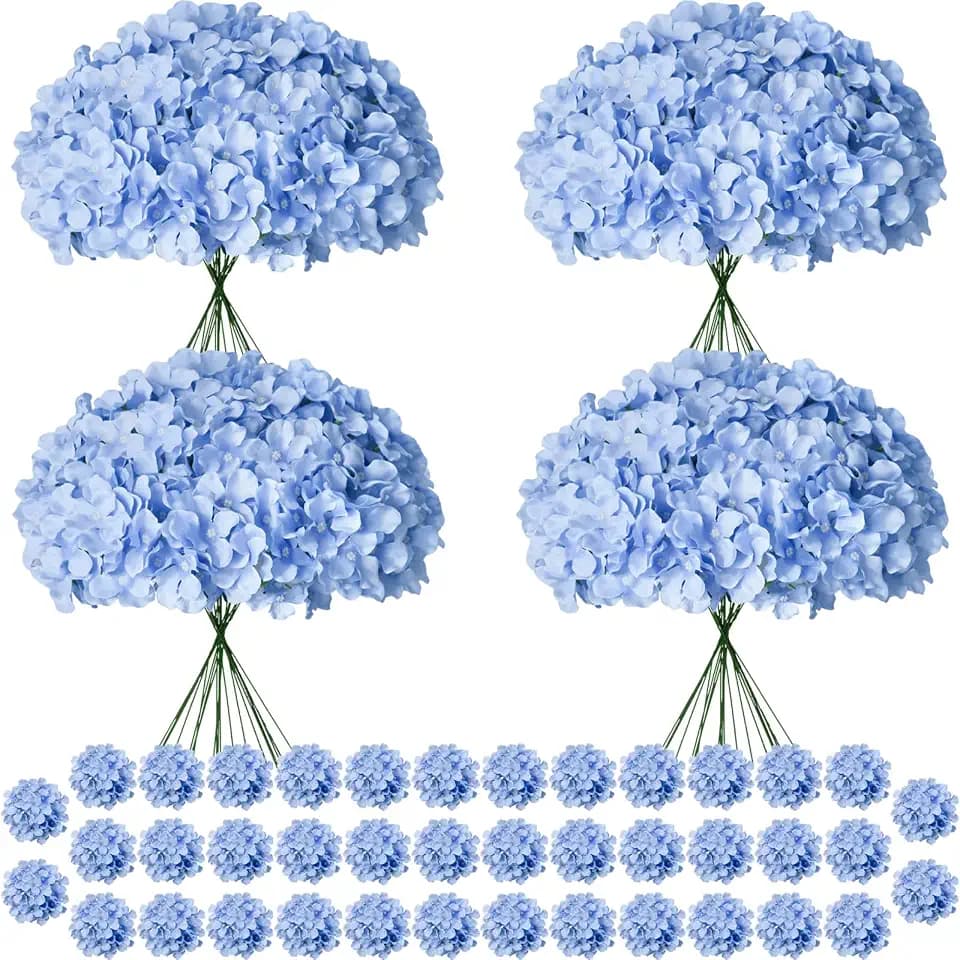 120Pcs Blue Hydrangea Artificial Flowers Bulk,Realistic Silk Fake Flowers with Stems,Faux Hydrangea Flowers for Wedding Home Decor Centerpieces Living Room Garden Party Baby Shower Decoration