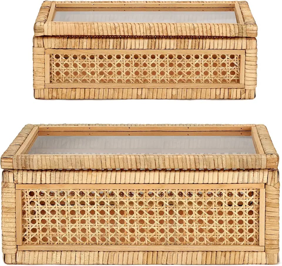 Amyhill Set of 2 Rattan Decorative Box with Glass Lid Rectangular Natural Woven Cane Stacking Display Boxes for Home Decor Rustic Shelf Organizer(15.4 x 9.5 x 7.1 Inch, 12.6 x 6.7 x 4.3 Inch)