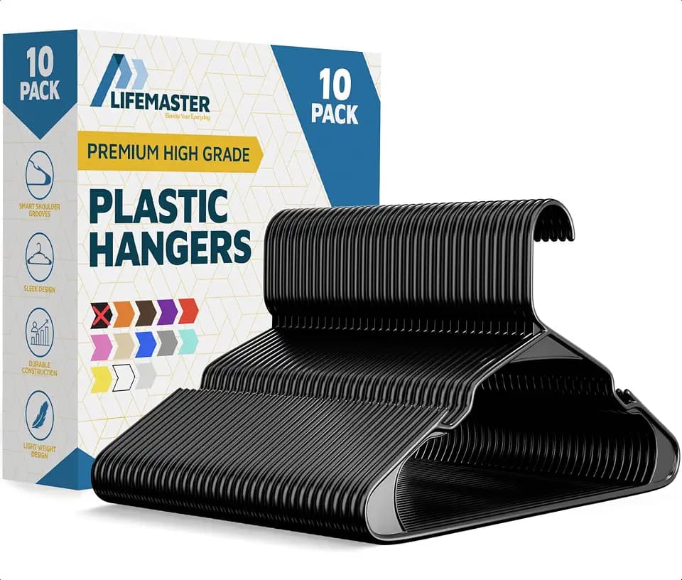 Lifemaster Plastic Clothes Hangers – Heavy Duty Hanger Set, for Organizing Clothes, Dresses, and Coat, Holds Up to 5 lbs, Space-Saving Hangers with Non-Slip Shoulder Grooves, Pack of 10, Black