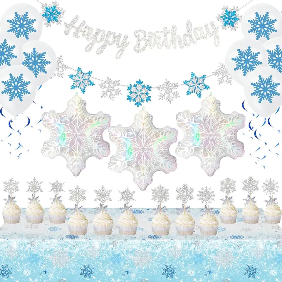 Winter Wonderland Birthday Party Decorations - 25PCS Set | Snow Princess Kit with Snowflake Foil Balloon, Banner, Tablecloth, Latex Balloons & Cake Toppers | Winter Snow Birthday Supplies