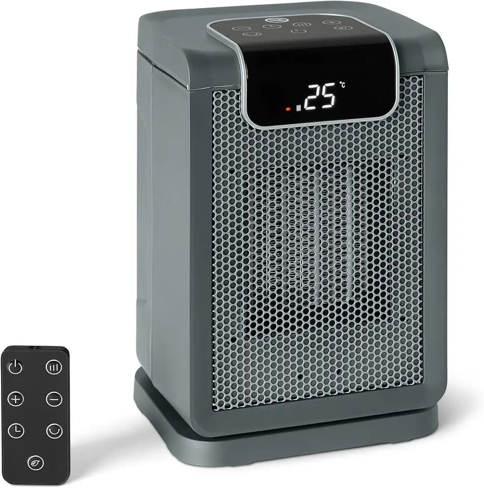 Amazon Basics Space Heater for Indoor Use with PTC Ceramic Technology, 1500W, Remote Control, 70° Oscillation, Digital Display, 5 Heat Modes, 24-Hour Timer, 10-inch, Grey