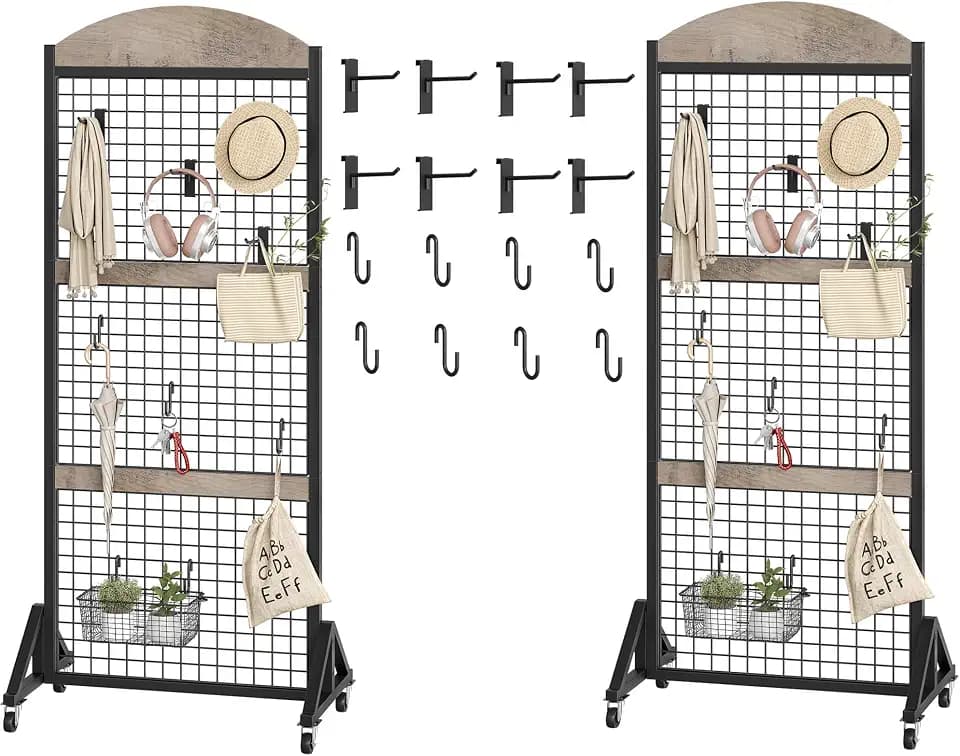2 Packs Grid Wall Panel 5.7' x 2' FT Grid Display Rack with Wheels, Movable Gridwall Display Stand with 8 S-Shaped Hooks and 8 Garment Hooks, Floorstanding Wire Grid Rack, Greige and Black TCJ17P2BG
