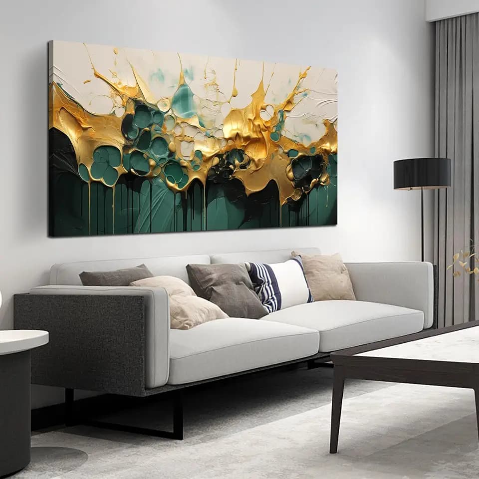 SKYRISE Abstract Teal Gold Canvas Wall Art for Living Room, Dark Green Wall-Decor Picture for Bedroom, Modern Canvas Print Paintings Artwork, Large Size 59x29 Inches