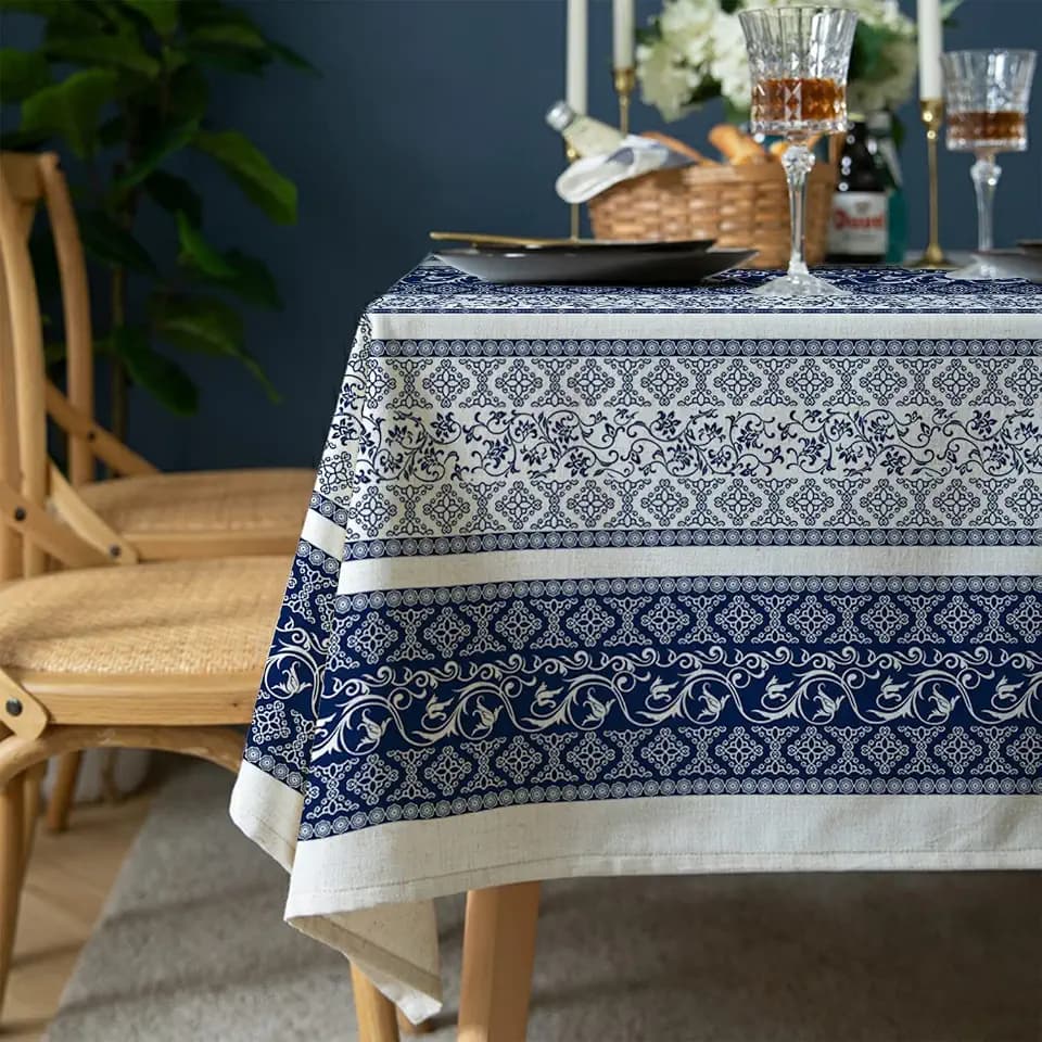 Rectangle Tablecloth - 60 x 84 Inch Blue Bohemia Rustic Tablecloth Classic French Country Printed Farmhouse Table Cover for Farmhouse Decoration, Suitable for Home, Kitchen Dining