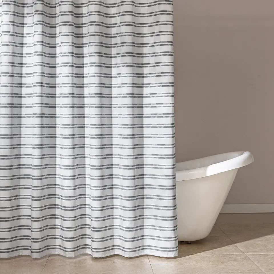 Amazon Basics Geometric Jacquard Fabric Shower Curtain for Bathroom, Lightweight, Water Repellent and Washable, 72" W x 74" L, Grey Striped