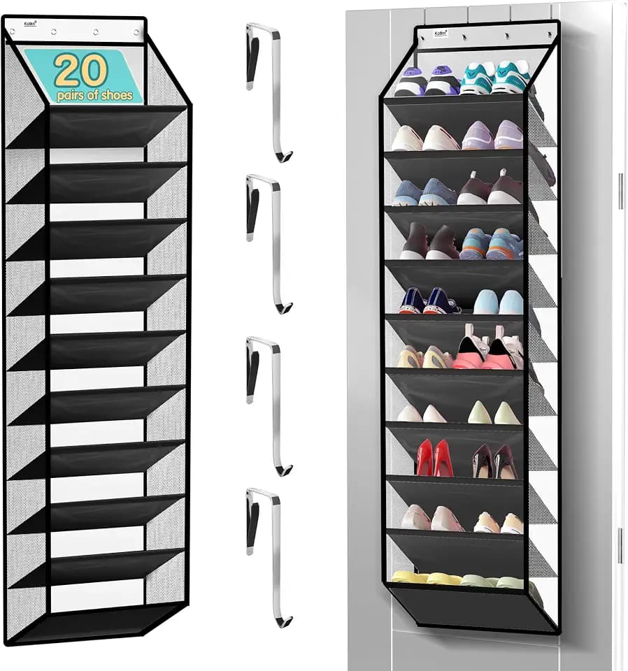 Kotkn 10 Tier Hanging Shoe Rack - Heavy Duty Behind The Door Hanging Shoe Rack, Sturdy Oxford Cloth, 20+ Pairs Over The Door Shoe Cabinet for Boots and Sneakers - Save 50% Closet Space! (Piano White)