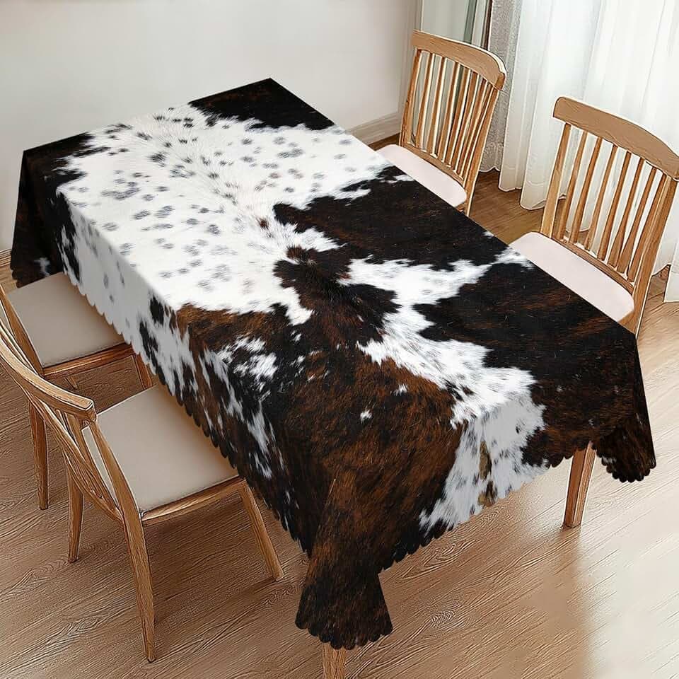 White and Brown Cow Skin Rectangle Tablecloths Animals Skin Table Cloths Decorative Kitchen Dining Tablecloth for Rectangular Tables,Washable Table Cover for Party 54 x 72 Inch