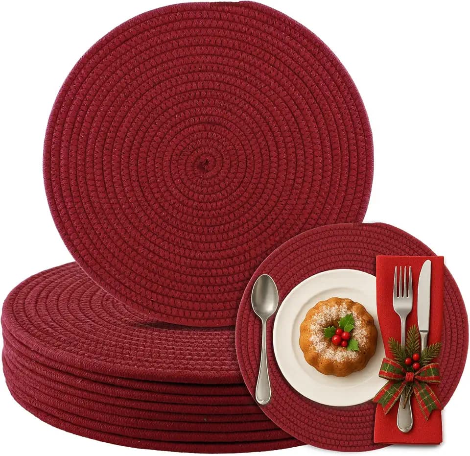 Aertiavty 8 Pack Round Woven Placemats for Christmas 13.5 Inches Red Heat Resistant Placemats Farmhouse Cotton Rope Place Mats for New Year Trivets for Hot Dishes, Burgundy