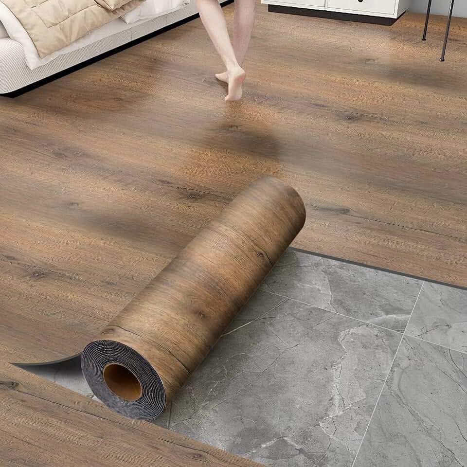 Luxury Thicken Wood Grain Peel and Stick Floor Tiles Self-Adhesive Vinyl Flooring Roll-DIY Easy for Wall and Floor,Hard Surface/Waterproof/Anti Slip (Brown Vinyl Flooring, 17.72 "W x 118" L)