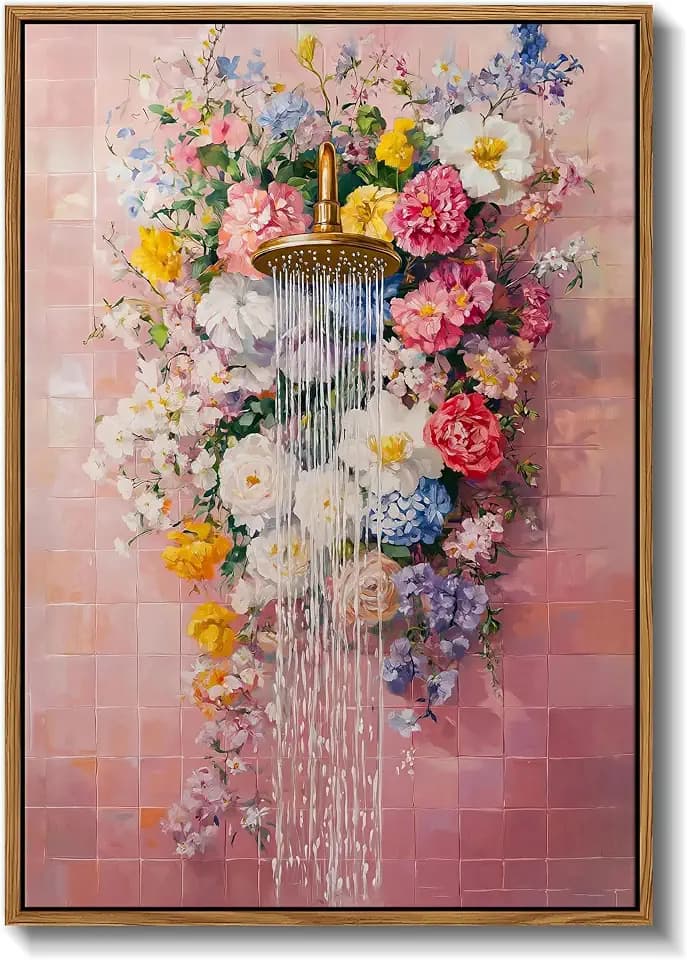 Floating Framed Floral Shower Wall Art, Pink Bathroom Flower Canvas Print, Romantic Blooming Roses Waterfall Painting, Cottagecore Botanical Wall Decor for Bathroom Bedroom Living Room 12x16 Inch