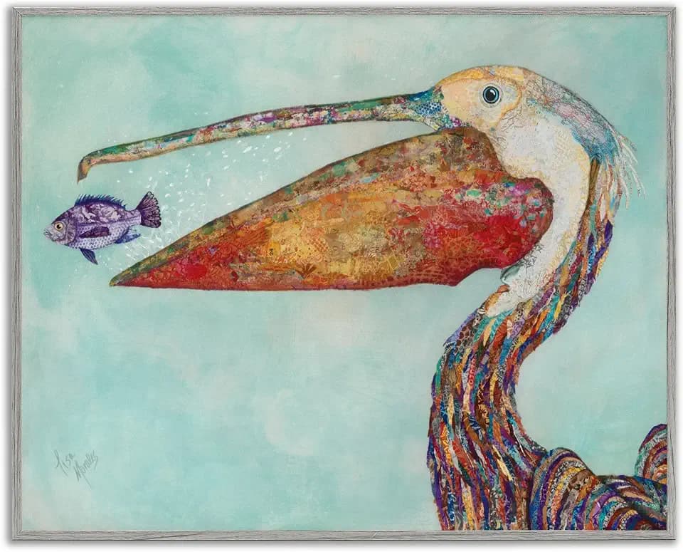 Stupell Industries Pelican's Lost Supper Fish and Patterned Feathers, Design by Lisa Morales, 24 x 30, Grey Framed