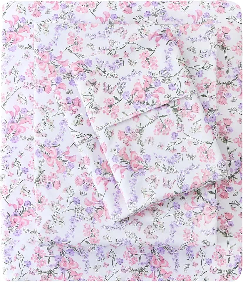 Mooreeke Cozy Vintage Microfiber Printed Queen Sheet Set - Soft Breathable Percale Cotton Floral Bed Sheets with Deep Pocket - Non-Slip Fitted Design - Pink Purple Flowers Pattern