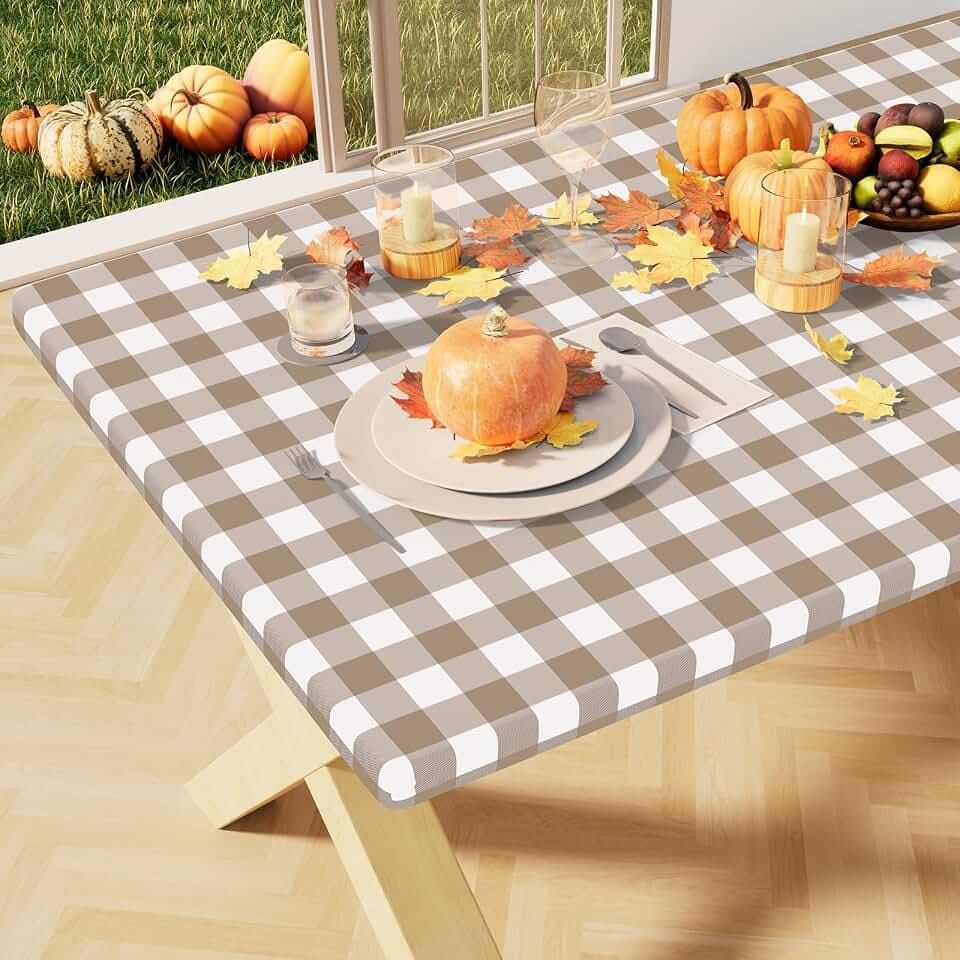 misaya Buffalo Rectangle Picnic Tablecloth, 5 Foot Elastic Fitted Vinyl Table Cloth with Flannel Backing, Waterproof Plaid Table Covers for Dining, Camping, Outdoor (Khaki and White, 36" x 60")