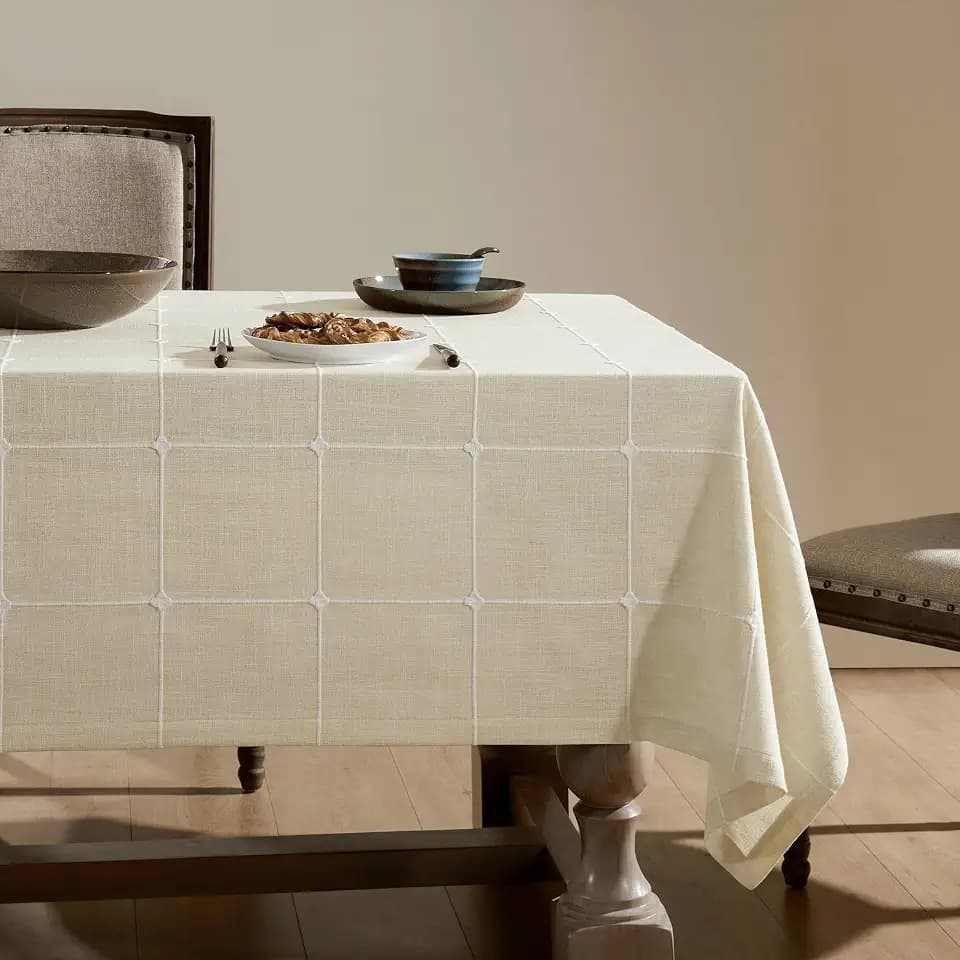 ZeeMart Grid Embroidered Square Hemmed Tablecloths 60x60in, Ivory