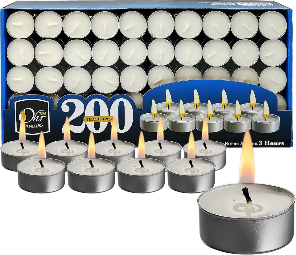 Ohr Tea Light Candles - 200 Bulk Pack - White Unscented Travel, Centerpiece, Decorative Candle - 3 Hour Burn Time