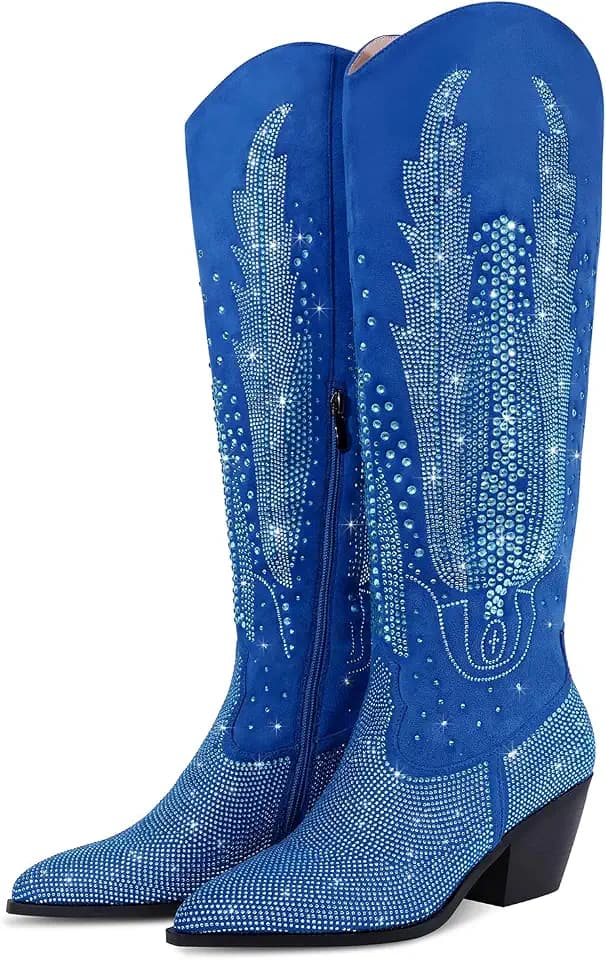 Knee High Cowboy Boots for Women Cowgirl Western Boots Rhinestone Bling Pointed Toe Chunky Heel Pull On Fashion Shoes Tall Black Boot