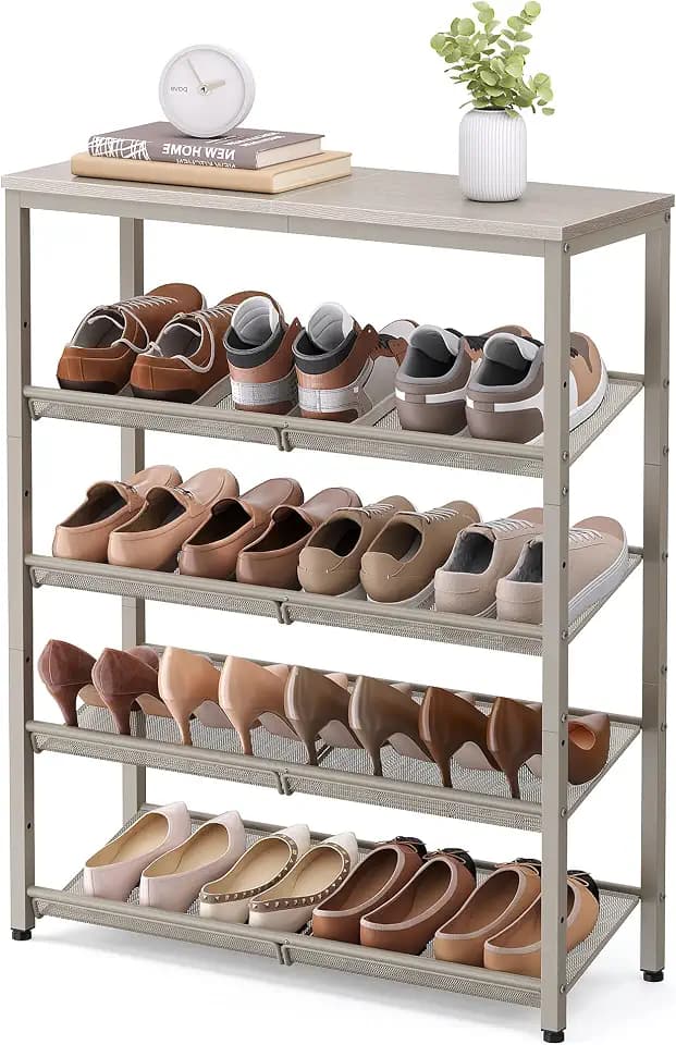 SONGMICS HOME 5 Tier Shoe Storage Organizer, Freestanding Shoe Rack, Dense Mesh, for Living Room, Bedroom, Entryway, Beige