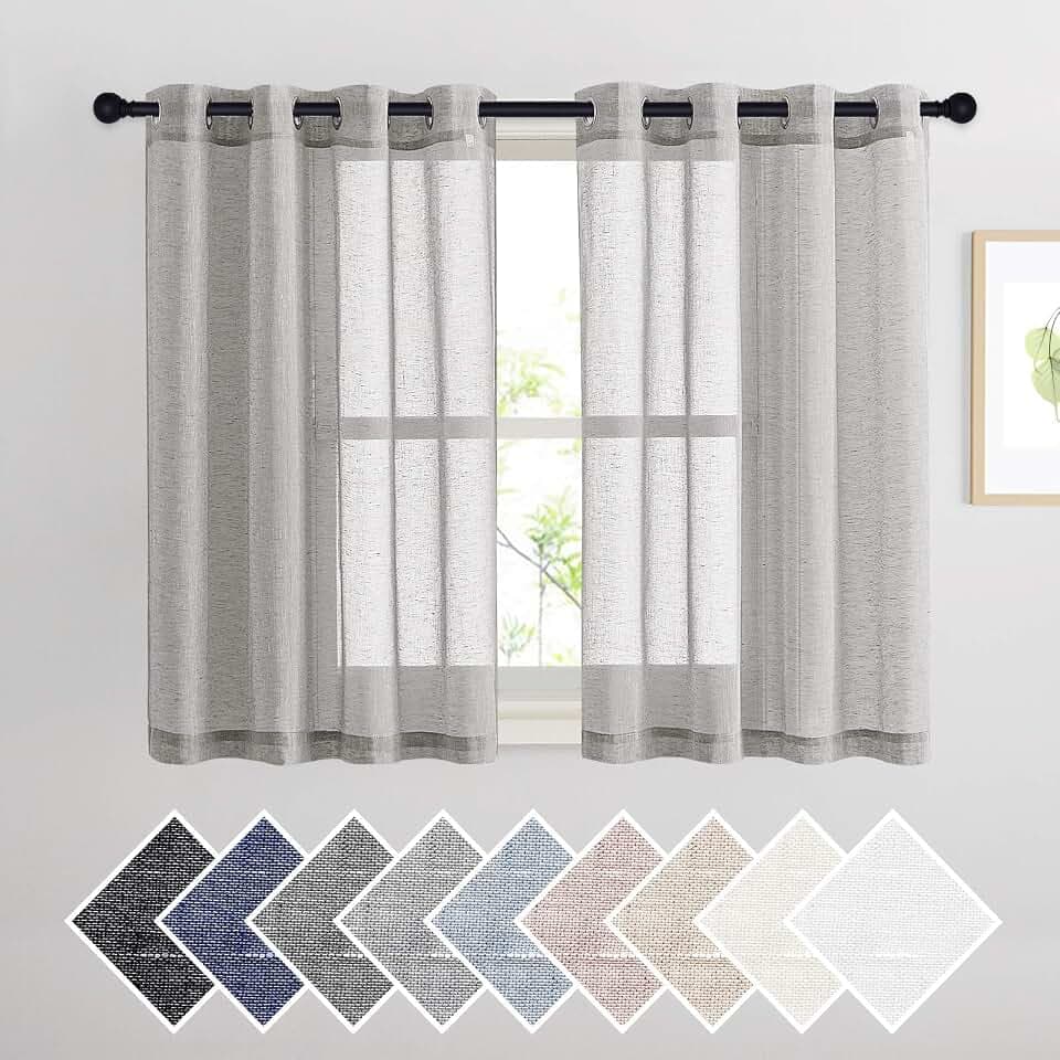 NICETOWN Flax Sheer Linen Curtains Privacy Protection for Bedroom, Retro Style Semitransparent Textured Sheer Curtain Drapes Light Filter with Grommet Top, Grey, W52 x L45, Sold as 2 PCs