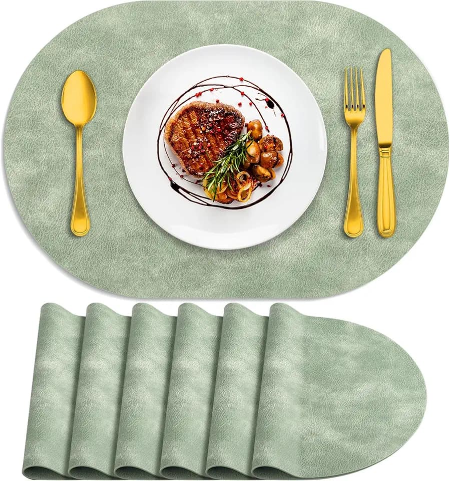 ADRIMER Oval Placemats Set of 6, Wipeable Faux Leather, Green