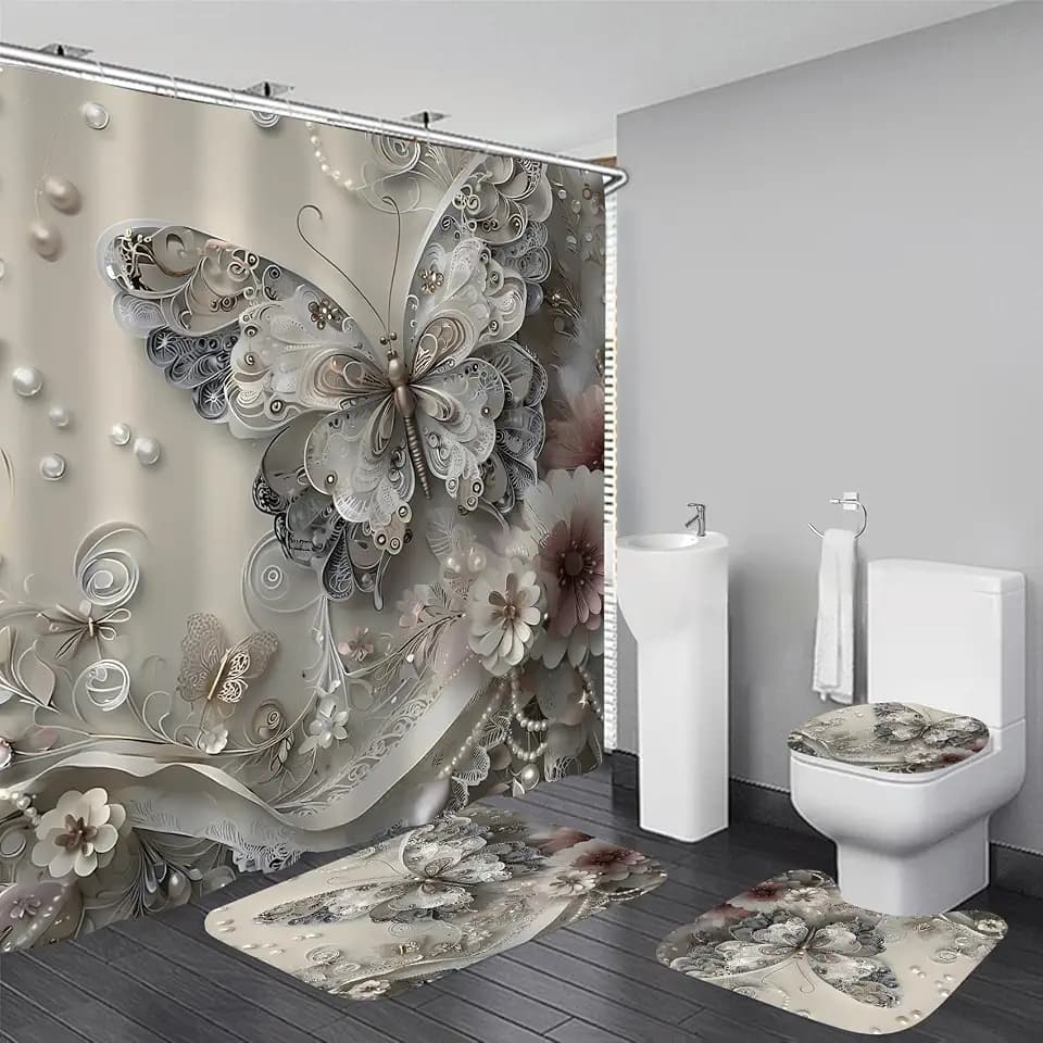 DDQQ 4Pcs Shower Curtain Sets, Gray Butterfly Bathroom Curtains Shower Set, Bathroom Decor Sets, Shower Curtain for Bathroom with Rugs, Toilet Lid Cover, Bath Mat and 12 Hooks, 71 x 71 Inches