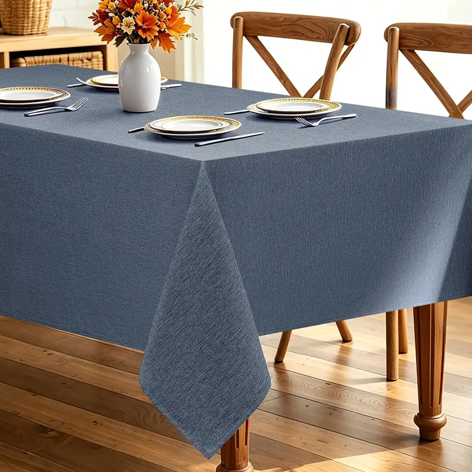 Decorelia Faux Linen Farmhouse Table Cloth 60"x144" for 10 ft Rectangle Table, Denim Blue Waterproof Outdoor Washable Tablecloth for Rectangular Dining Room Kitchen Outdoor Party Restaurant Table