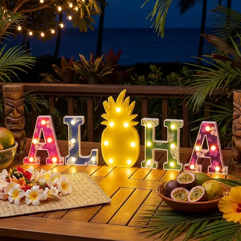 Hawaiian Luau Party Decorations Aloha Light up Sign Summer Aloha LED Letter Pineapple Sign for Party Decorations Hibiscus Tropical Letter Summer LED Lights for Wedding Night Birthday