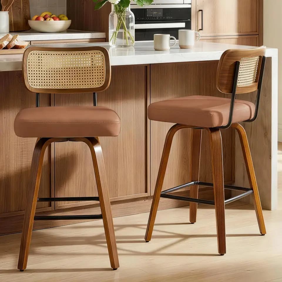 Swivel Bar Stools Set of 2, 26" Counter Height with Rattan Back, Brown