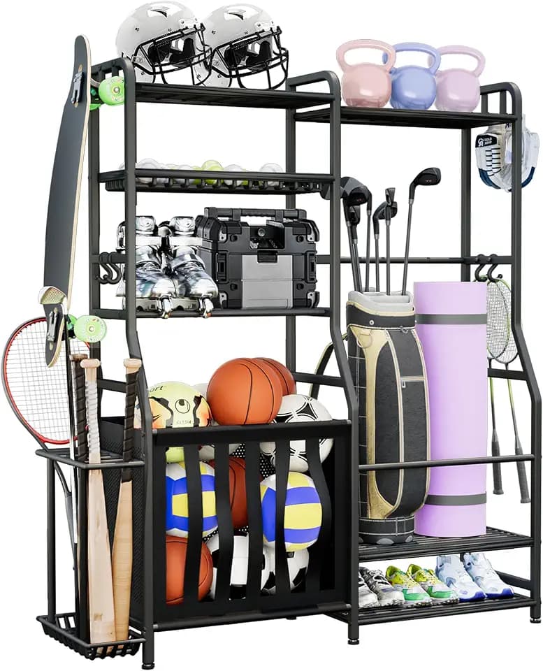 Faesun Sports Equipment Organizer, Heavy Duty Ball Storage Rack with Basket & Hooks, Garage Golf Bag Holder, Indoor/Outdoor Ball Storage Bins for Toy Sports Gear Storage