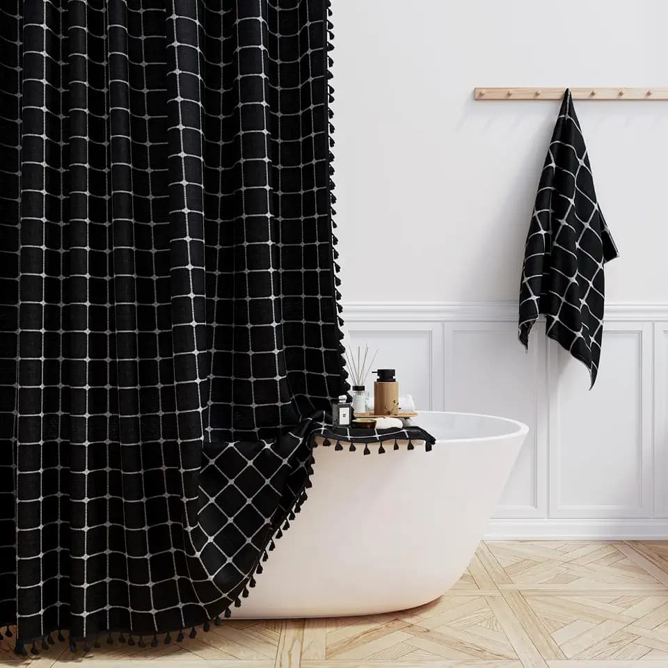 BTTN Stall Boho Farmhouse Linen Shower Curtain Set, 36x72, Black and White