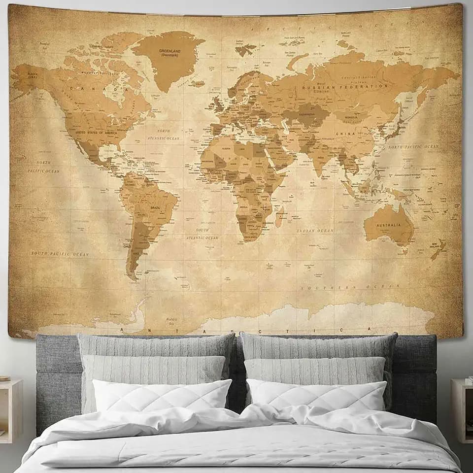 Drgilau World Map Tapestry, Map Educational Wall Tapestry Vintage Asia Europe South City Topography America Africa Wall Decor, Map of World Wall Art for Living Room Office 90X70 Inch
